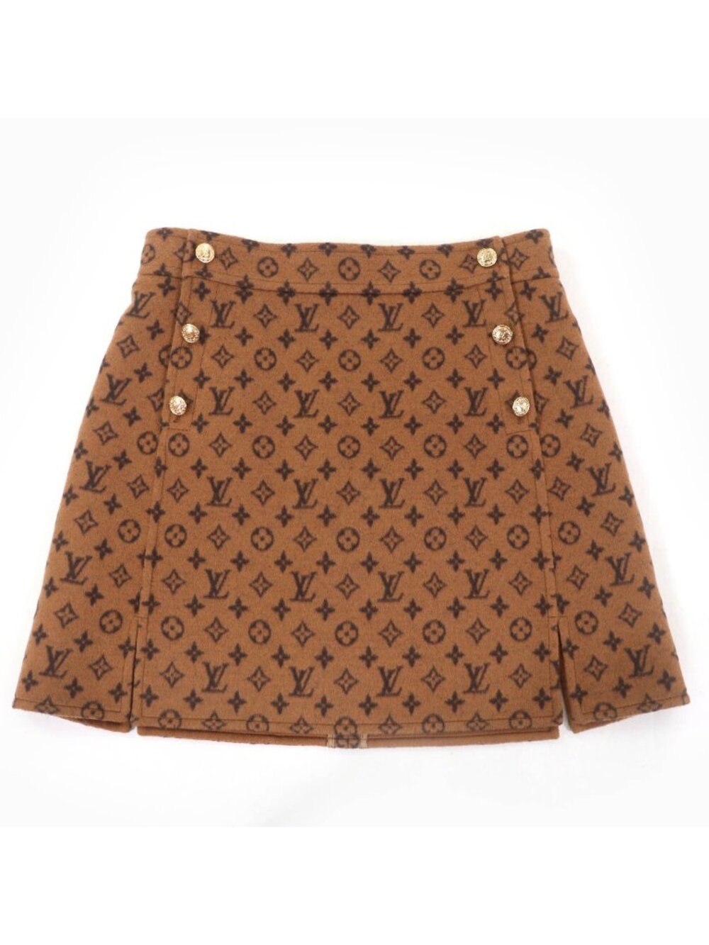 Louis Vuitton Wool Silk Monogram LV Gold Button Trapezoid Mini Skirt Brown 40